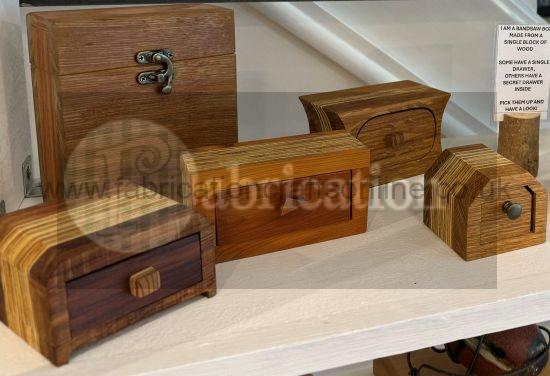 a beautiful and useful box made on the bandsaw
some have a single drawer while others have multiple of hidden drawers
finely sanded and finished with tung oil burnishing oil or linseed oil