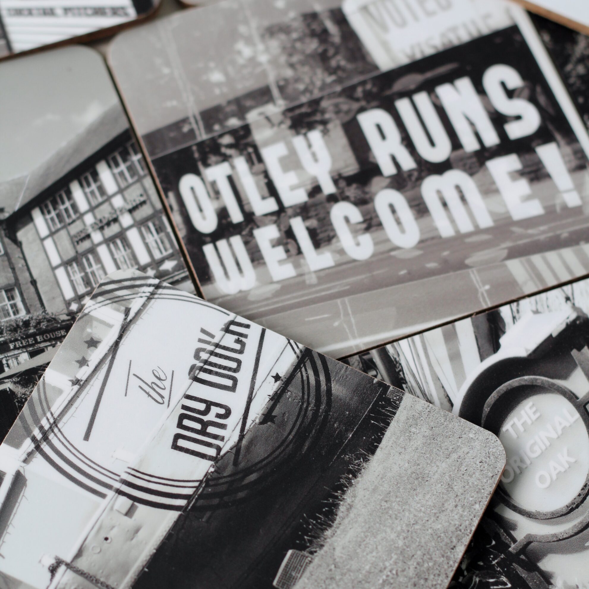 collectable coasters of black and white photographs of leeds pubs