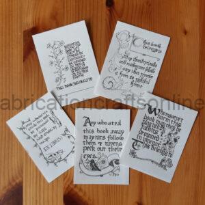 5 bookplates with various designs each with book curse text and an image inspired by medieval marginalia.