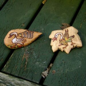 Marginalia pyrography Pins and badges