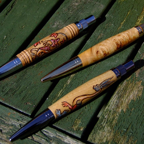 Pyro Pen Country Design Simple Wooden pyrographed Pens - Unique wooden pens decorated with
