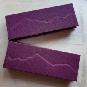 Two landscape oriented slim books with 3 d covers showing a silhouetted mountain.