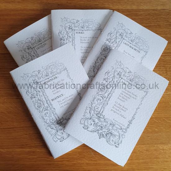 this shakespeare inspired pamphlet has a white hammered card cover hand dyed linen thread and parchment effect pages
ana shakespeare first folio pamphlet