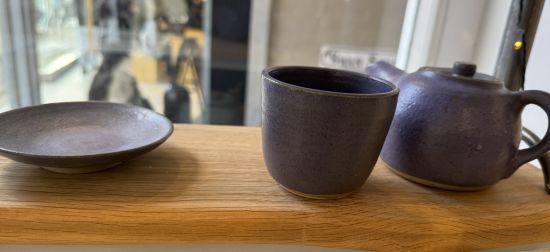 Tea Pot, Tea Bowl and Small Plate on Oak Tray