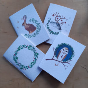 Four white pamphlets with watercolour images of winter animals.