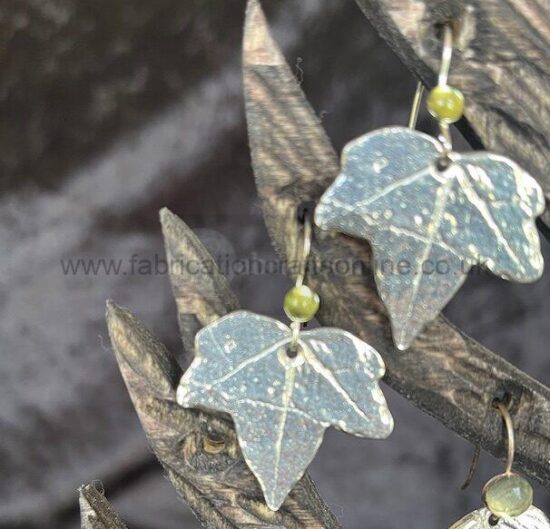 ivy leaf earrings with semi precious stones large hand cast shell in pewter on a silver chain