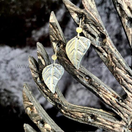 linden leaf earrings with semi precious stones pewter willow leaf earrings on silver wires with semi precious cabochons
