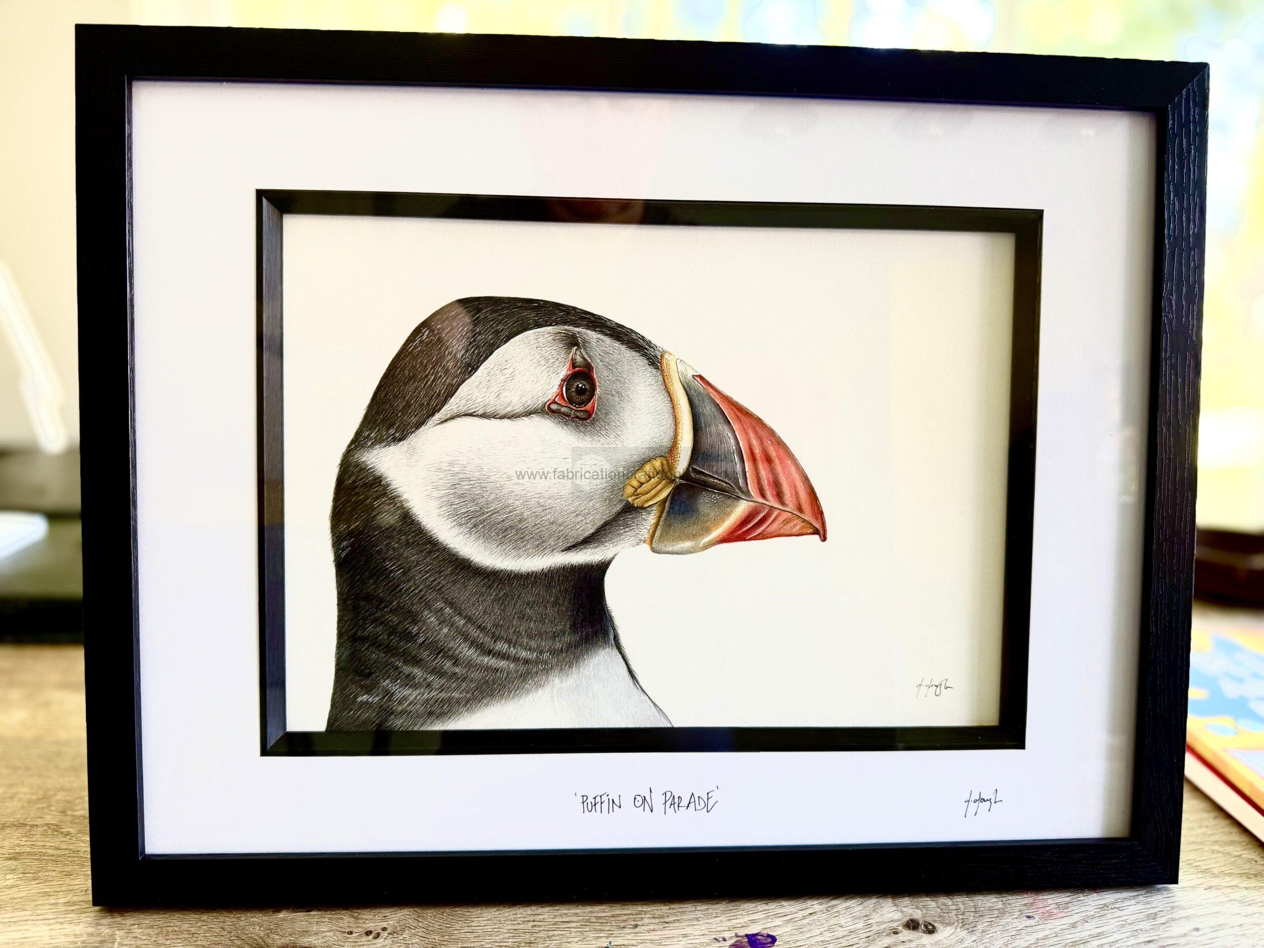 detailed study of our most charismatic coastal bird the unmistakeable puffin
drawn with faber castell polychromos pencils
the x is printed on gorgeous fine ridge nettuno paper with a x textured white mount and is also available in a black double bevel frame
