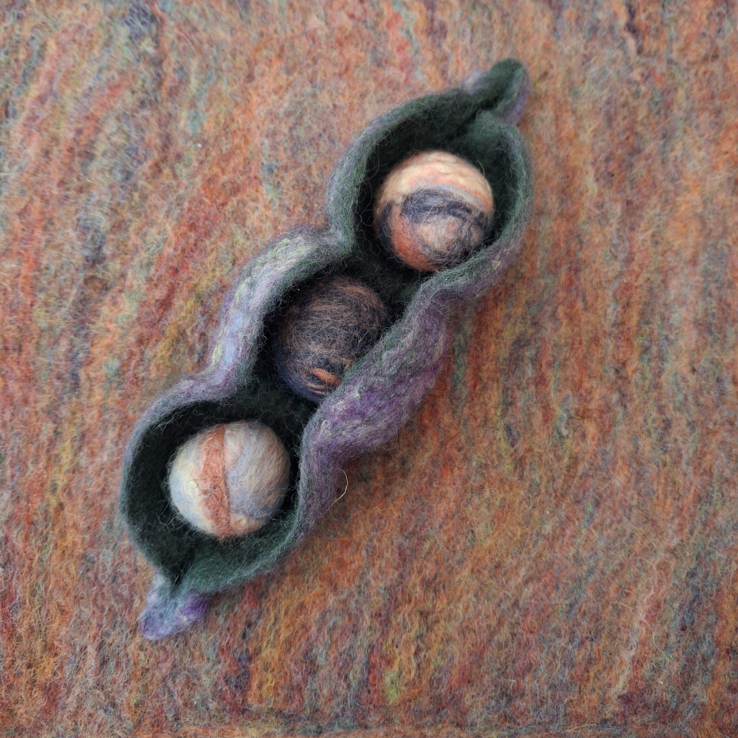 wet felted pea pod with three peas