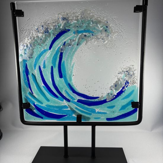 fused glass great wave on metal display stand designed and created by chilli glass this piece is made in homage to the great wave off kanagawa by katsushika hokusai

  