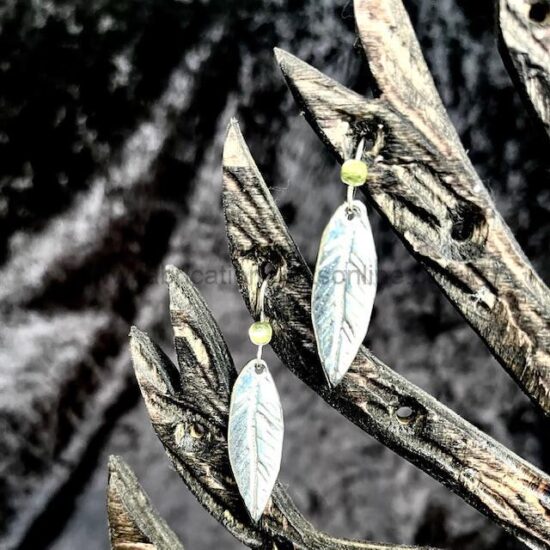 willow leaf earrings with semi precious stones <ul>
 	<li>pewter apple leaf earrings on sterling silver wires with a choice of cabochon</li>
</ul>