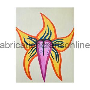 Abstract flower painting with orange-yellow petals outlined in orange and a pink central teardrop shape with blue vein-like details.