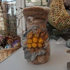 tall wet felted vase with lichen inspired embellishment 