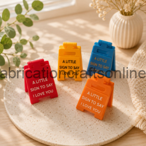 Colorful mini signs with the phrase 'A LITTLE SIGN TO SAY I LOVE YOU' arranged on a round plate in a cozy setting.
