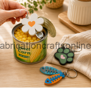 Hand lifting a flower-shaped keychain lid above an open can of sweet corn on a wooden surface, with other pet-themed keychains nearby.