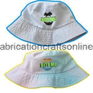 monster bucket hats

fun and colourful bucket hats with heat transfer vinyl vampire teeth design with bite me and pride phrases

cotton material 