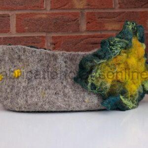unique handmade wetfelted bowl with a leaf shape and lichen  inspired embellishment 