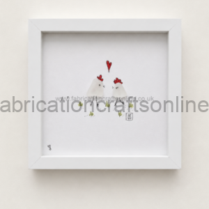 Framed minimalist illustration of two small white chickens facing each other with a red heart between them.
