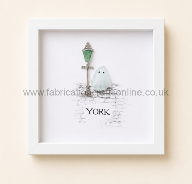 Sea Glass Art Ghost Lampost <blockquote>a whimsical handcrafted sea glass ghost standing beside a vintage silver cutlery lamppost on hand drawn york cobbles framed in a x cm white shadow box inspired by the charm and mystery of york</blockquote>