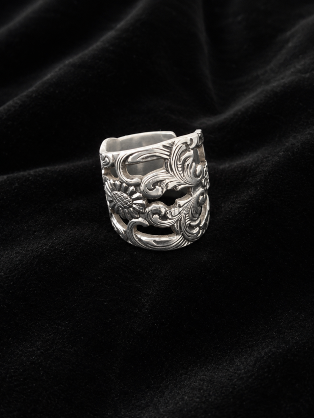 Spoon Ring Ornate handcrafted vintage spoon ring with an ornate floral and beaded design carefully shaped and polished into a bold statement ring with timeless vintage character