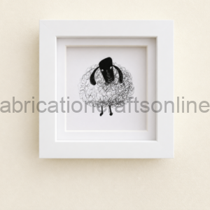 White-framed drawing of a scribbly sheep with a dark head and two legs on a light background.