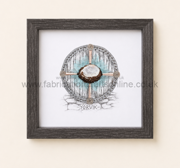 a striking handmade artwork inspired by yorks viking heritage featuring a hand drawn viking warrior with a genuine sea glass helmet and vintage cutlery nose guard beautifully presented in a  ×  cm white shadow box