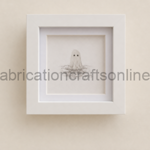 Framed white square frame displaying a minimalist drawing of a ghost-like figure rising from water, mounted on a beige wall.