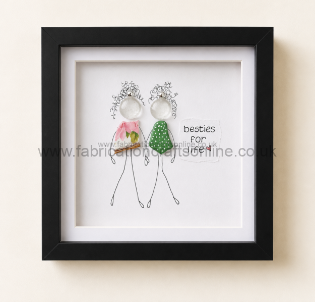 Sea Glass Art Besties a handmade sea glass and vintage china artwork celebrating friendship featuring two best friends beautifully presented in a × cm white shadow box