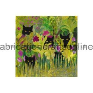 Four black cats with yellow eyes among tall yellow-green plants and purple flowers in a colorful garden collage.