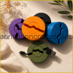 Five colorful circular cable organizers (purple, orange, blue, green, black) on a beige surface, with a USB plug attached to the green one.