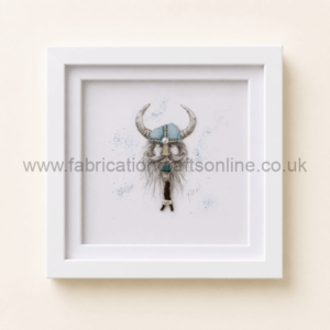 Framed illustration of a shaggy yak wearing a blue Viking-style helmet with horns and braided beard.