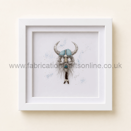 Framed illustration of a shaggy yak wearing a blue Viking-style helmet with horns and braided beard.