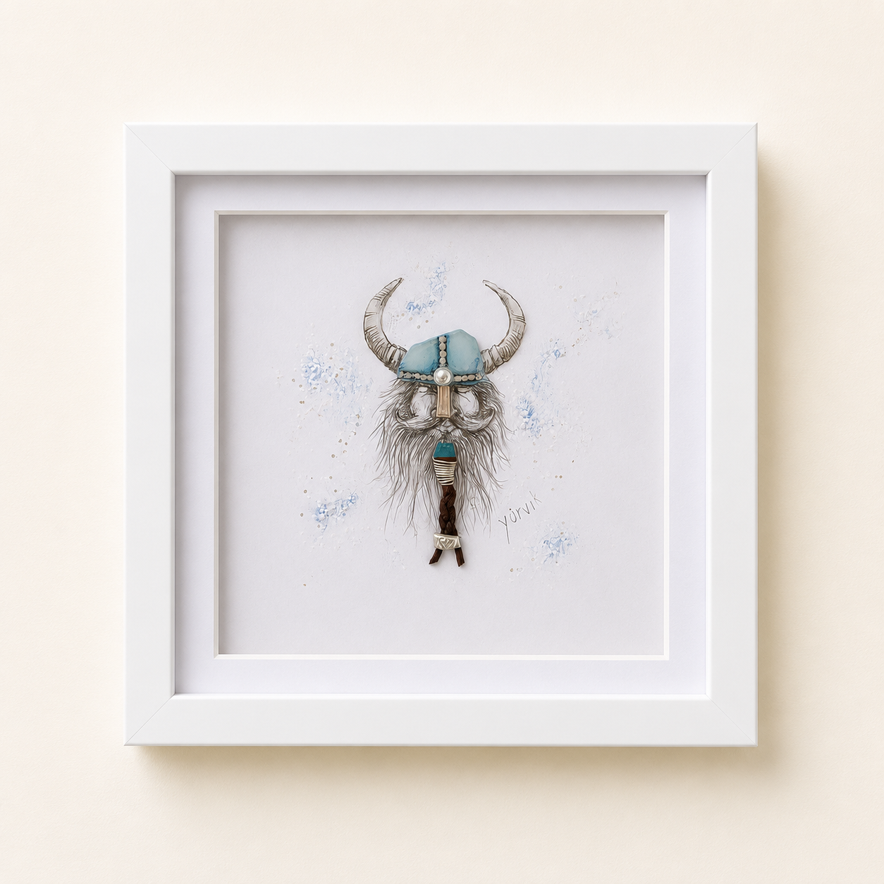 Framed illustration of a shaggy yak wearing a blue Viking-style helmet with horns and braided beard.