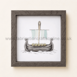 Framed illustration of a wooden boat with six green apples on the deck and a decorative central mast with pale sails.