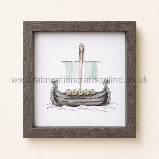 Framed illustration of a wooden boat with six green apples on the deck and a decorative central mast with pale sails.