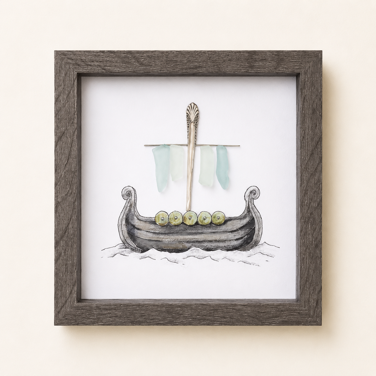 Framed illustration of a wooden boat with six green apples on the deck and a decorative central mast with pale sails.