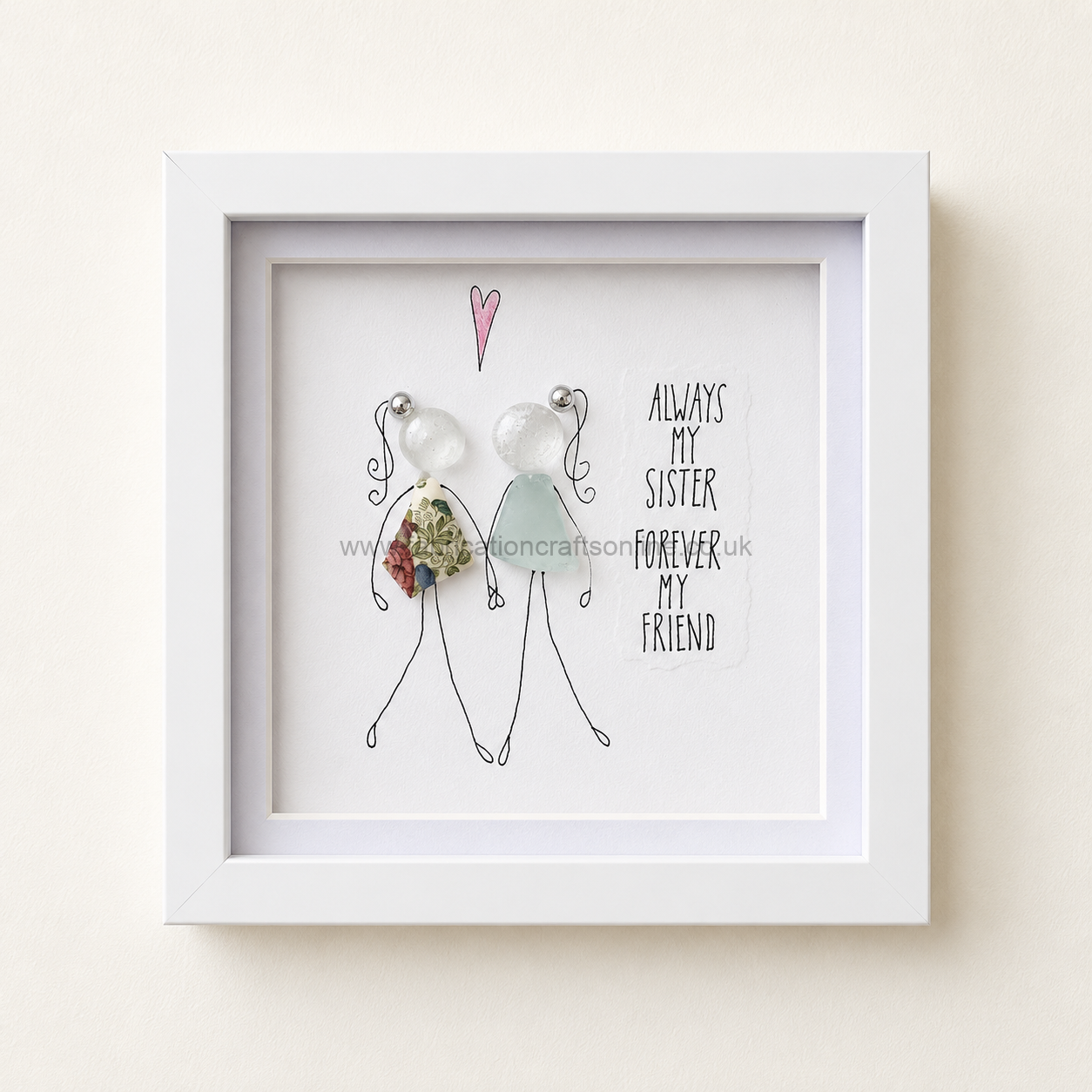 Sea Glass Besties a handmade sea glass and vintage china artwork celebrating friendship featuring two best friends raising a glass together beautifully presented in a × cm white shadow box