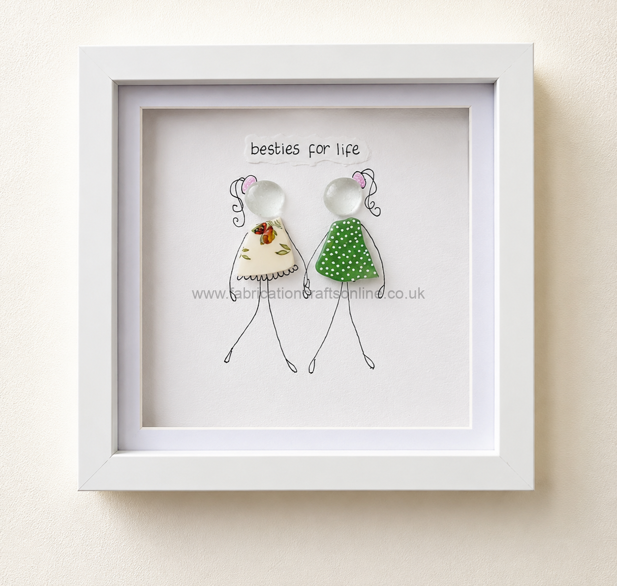 Sea Glass Art Besties a handmade sea glass and vintage china artwork celebrating friendship featuring two best friends beautifully presented in a × cm white shadow box