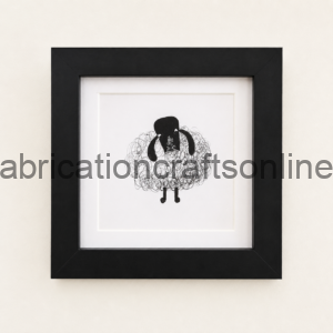 Abstract ink drawing of a sheep with a scribbly wool body and solid black head and legs, framed in a black square frame.