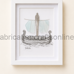 Framed art print of a Viking longship with round shields along the hull and pale blue sails, labeled JORVIK.