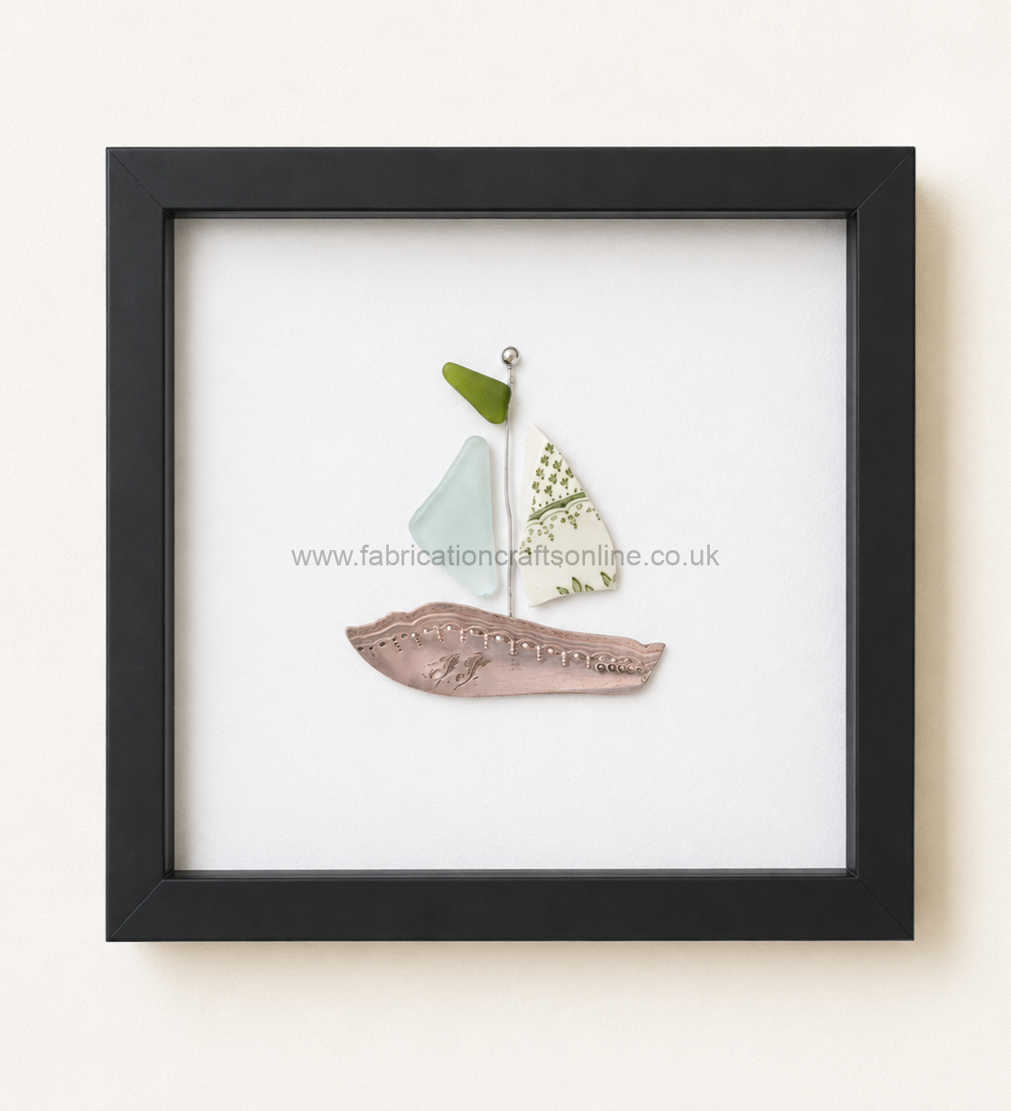 Sea Glass Art handmade sea glass and vintage china sailing boat featuring an ornate vintage cutlery blade hull framed in a × cm black shadow box a unique coastal inspired piece for any home