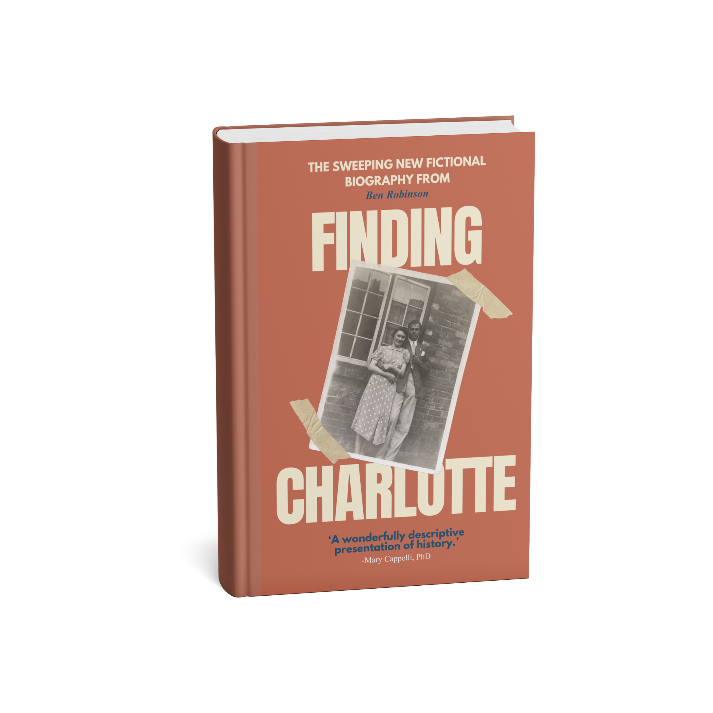 A 3D render of a reddish-brown book titled 'Finding Charlotte' with a photograph collage on the cover and author blurb above it.