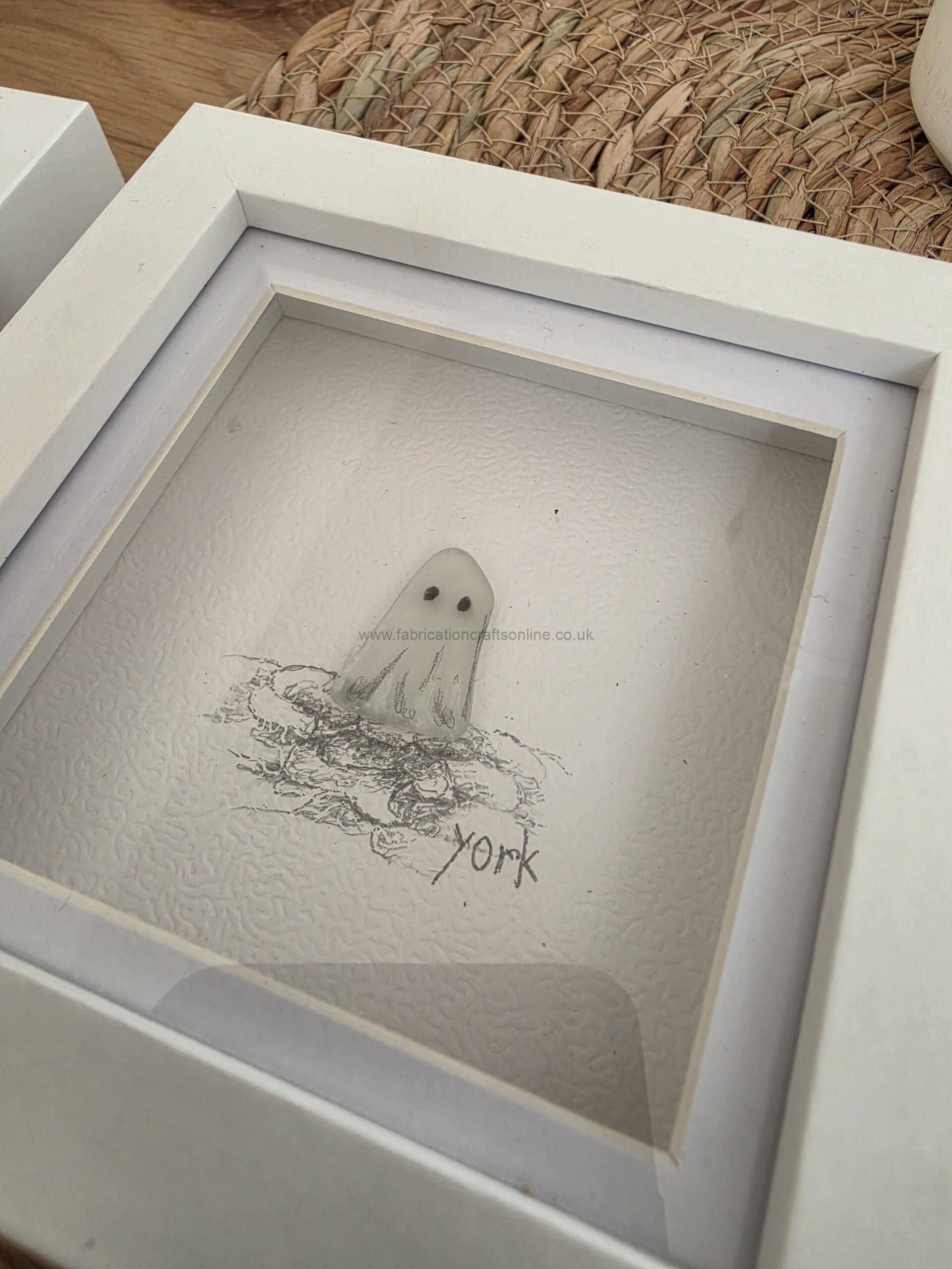 Sea Glass Art York Ghosts a charming handcrafted york ghost made from genuine sea glass standing on hand drawn cobbled streets beautifully presented in a x cm white shadow box frame available