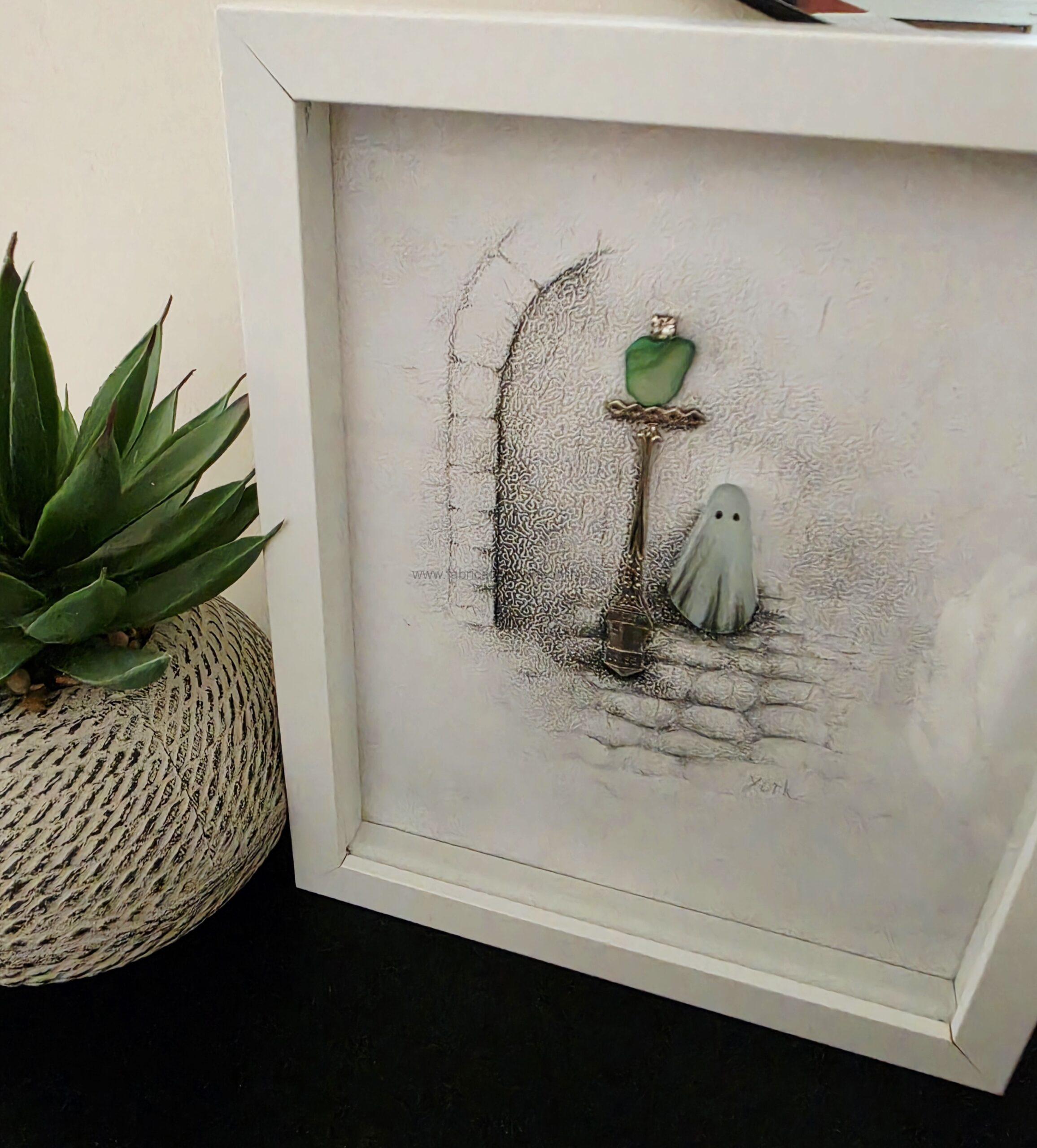 Sea Glass Art Ghost Lampost <blockquote>a whimsical handcrafted sea glass ghost standing beside a vintage silver cutlery lamppost on hand drawn york cobbles framed in a x cm white shadow box inspired by the charm and mystery of york</blockquote>
