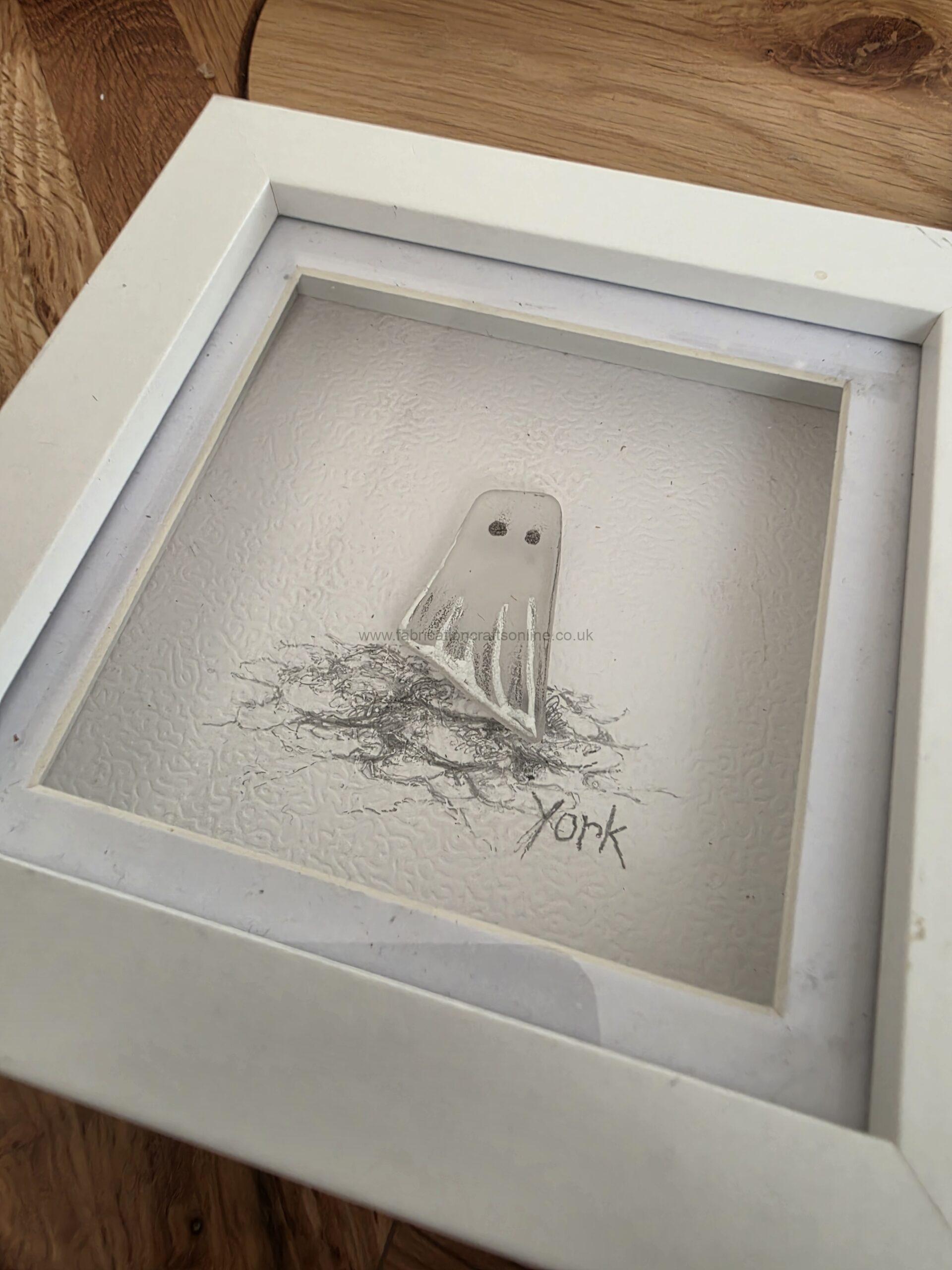 Sea Glass Art York Ghosts a charming handcrafted york ghost made from genuine sea glass standing on hand drawn cobbled streets beautifully presented in a x cm white shadow box frame available