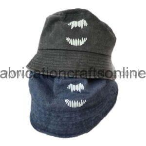 Two bucket hats stacked, charcoal and dark blue, each featuring a white toothy mouth graphic on the front.