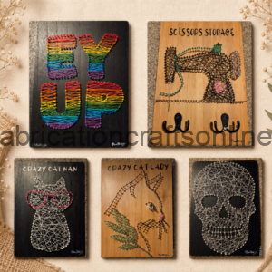 Six wooden plaques with string-art designs: rainbow 'HEY UP', a 'SCISSORS STORAGE' sewing motif, a cat with glasses, 'Crazy Cat Lady', a bird, and a geometric skull; wall decor.