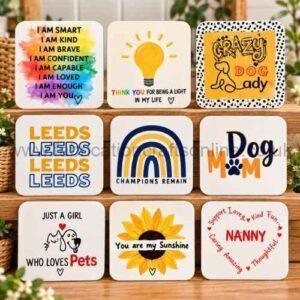 Coasters with themed printed designs