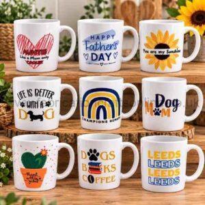 Mugs with themed printed designs