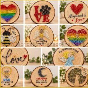 Handmade string art decoration on a natural wood log slice